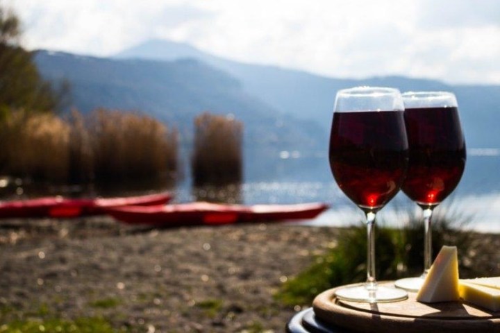 Red wine and cheese plate by lake